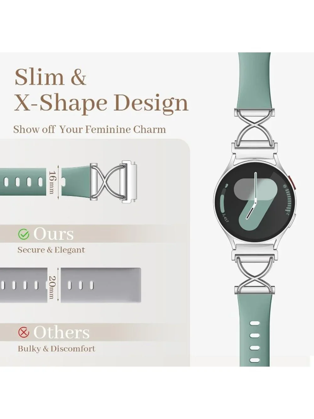 Women's Green Skinny Charms X-Shaped Soft Slim Silicone Bands Compatible Watch